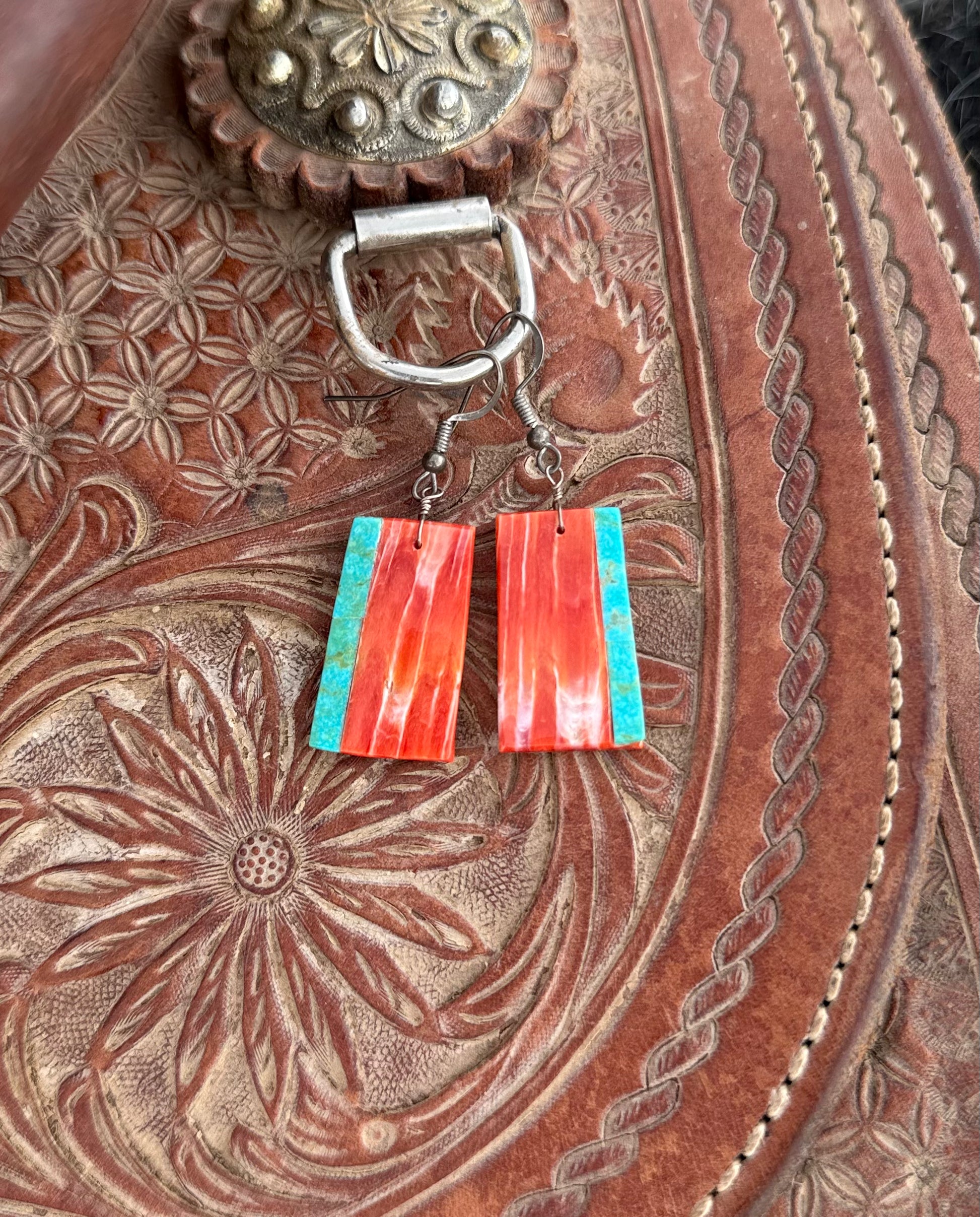 Spiny Oyster shell with turquoise inlay earrings
