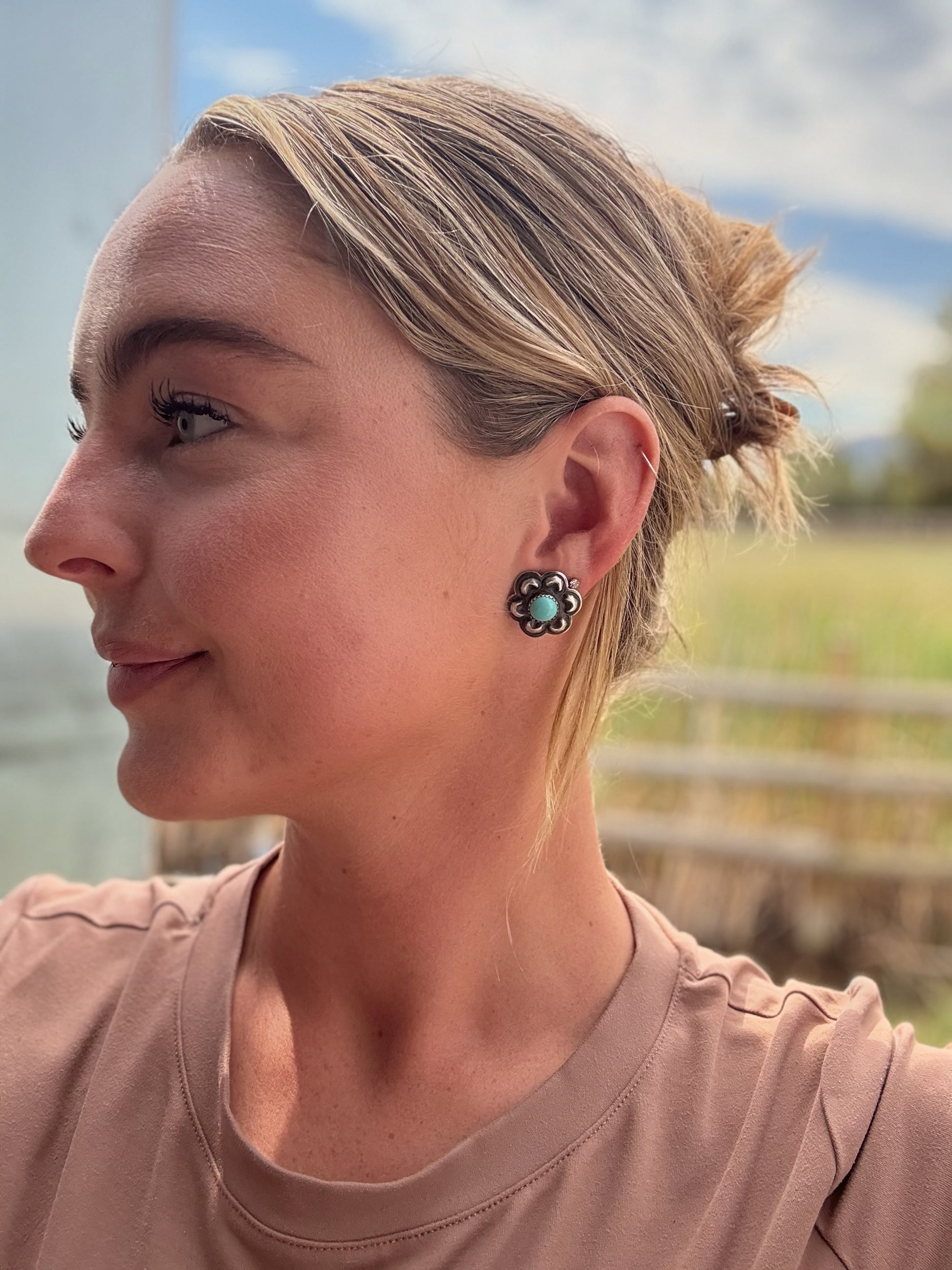 Turquoise flower studs